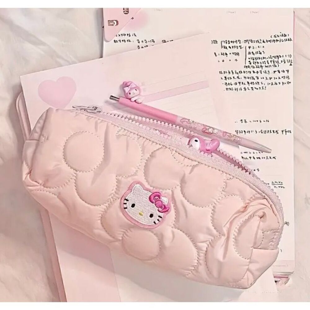 NWT Hello Kitty Pink Embroidered Versatile Pencil Cosmetic Pouch Bag
